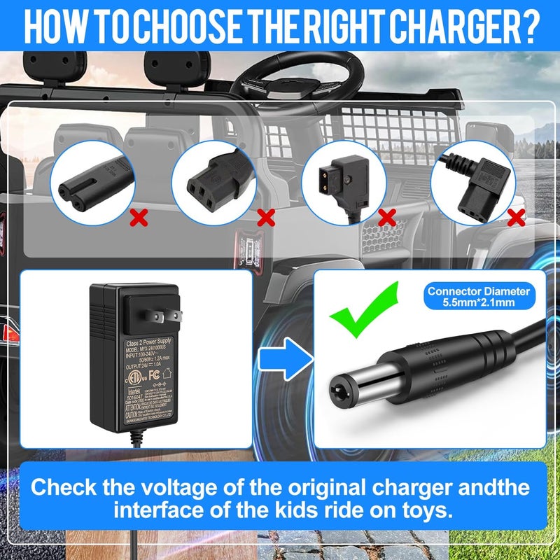 EGK 24V Charger for Ride On Toys Car with 6.6Ft Cable, Supply Power Adapter for Wrangler SUV Kid Trax Dynacraft Toy Car JeepATV Quad Disney Electric Ride-On - Image 3